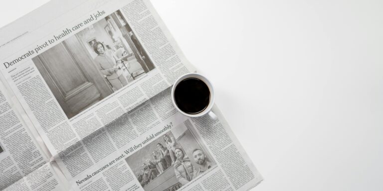 High angle photo of a cup of coffee and newspaper on a plain white desk.