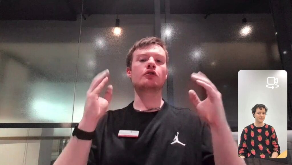 An image of a zoom call where author, Riley, speaks to Autistic DJ, Matthew.