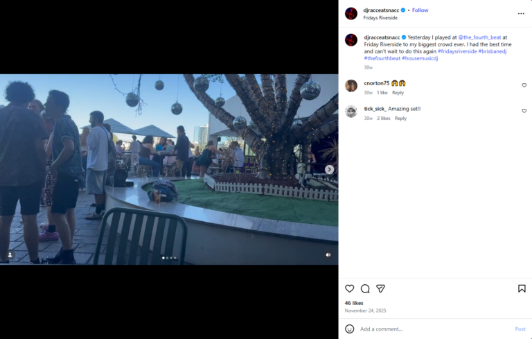 Image of an Instagram post from the account 'djracceatsnacc.' In the post, Racceatsnacc (Matthew) plays at an open rooftop bar in the early afternoon. The post is captioned, "Yesterday I played at @the_fourth_beat at Friday Riverside to my biggest crowd ever. I had the best time and can’t wait to do this again."