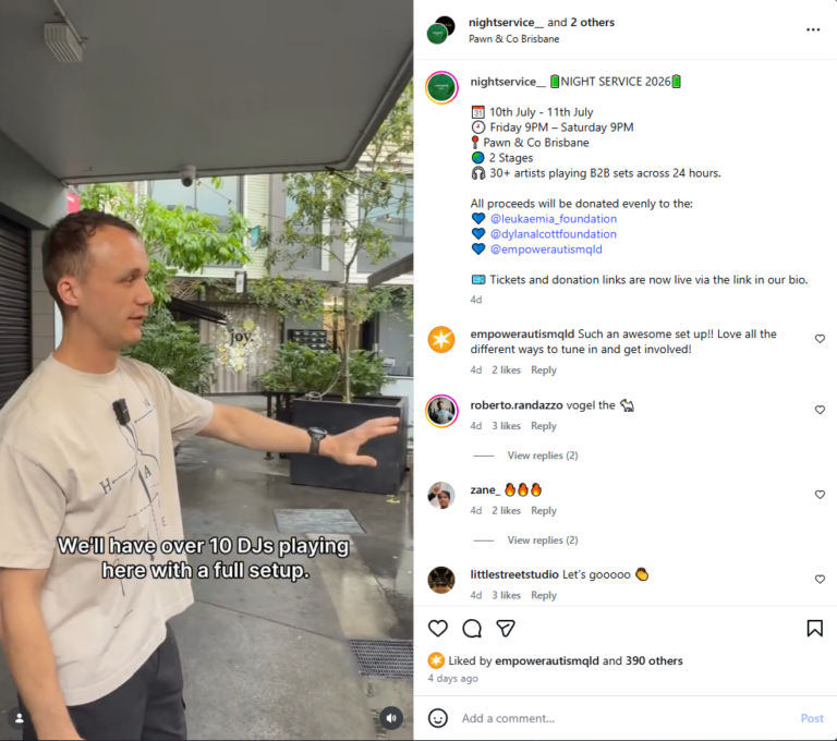 A post from Night Service's Instagram, in which Vogel (Michael) walks through the venue for the event, at Pawn & Co. The caption reads, "NIGHT SERVICE 2026. 10th July - 11th July. Friday 9PM – Saturday 9PM. Pawn & Co Brisbane. 2 Stages. 30+ artists playing B2B sets across 24 hours. All proceeds will be donated evenly to the: @leukaemia_foundation @dylanalcottfoundation @empowerautismqld. Tickets and donation links are now live via the link in our bio."