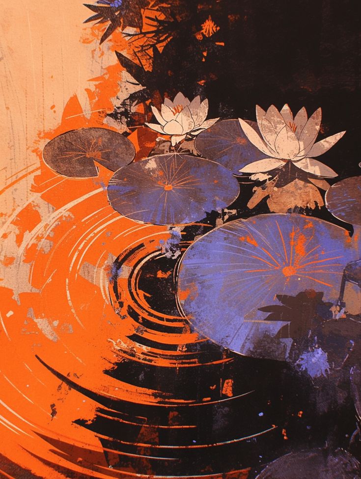 An abstract watercolour painting of waterlilies on a rippling pond surface during dusk.