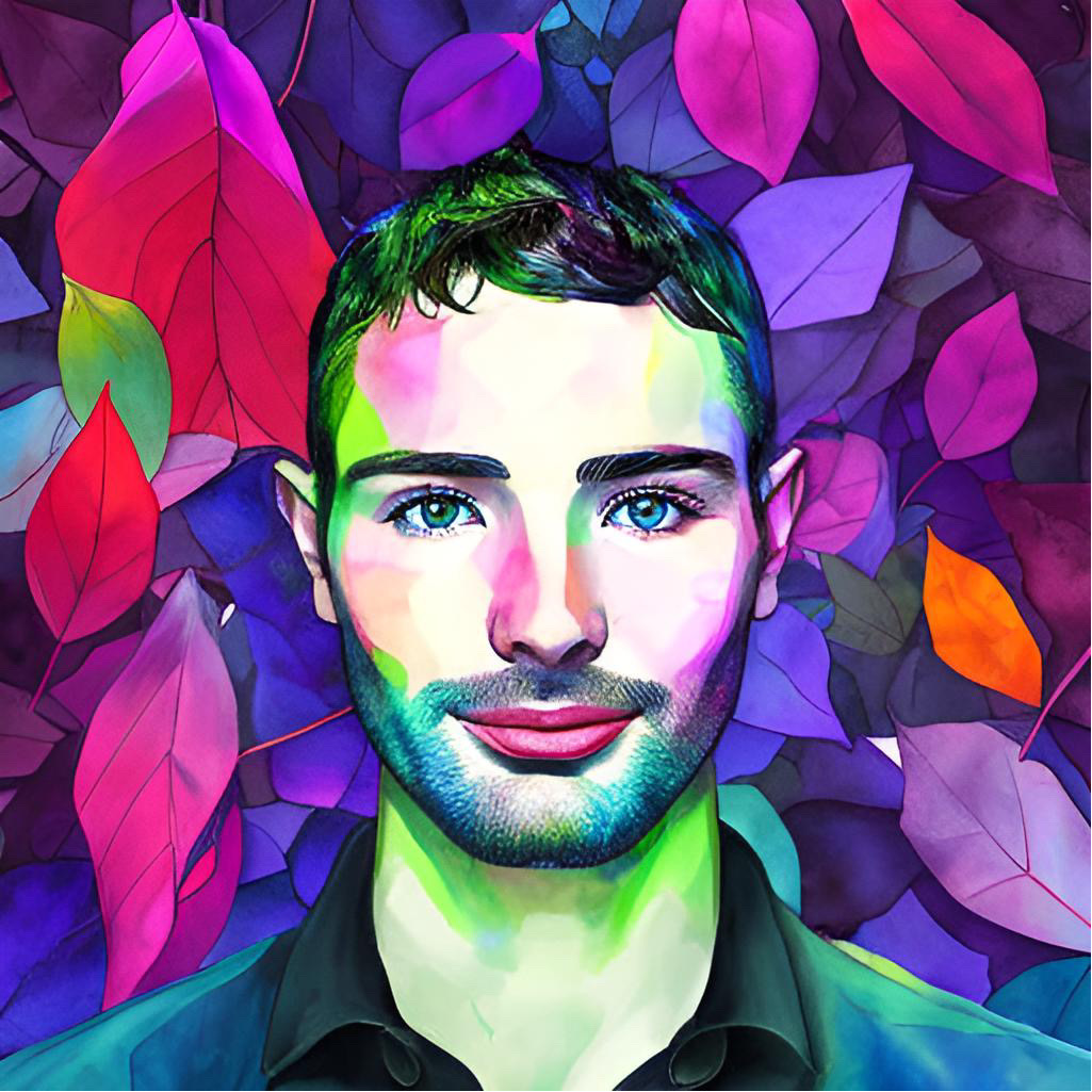 Colourful illustrated portrait of James Nyland, a white man in his late 20s, with blue eyes, a short beard and short tawny brown hair.