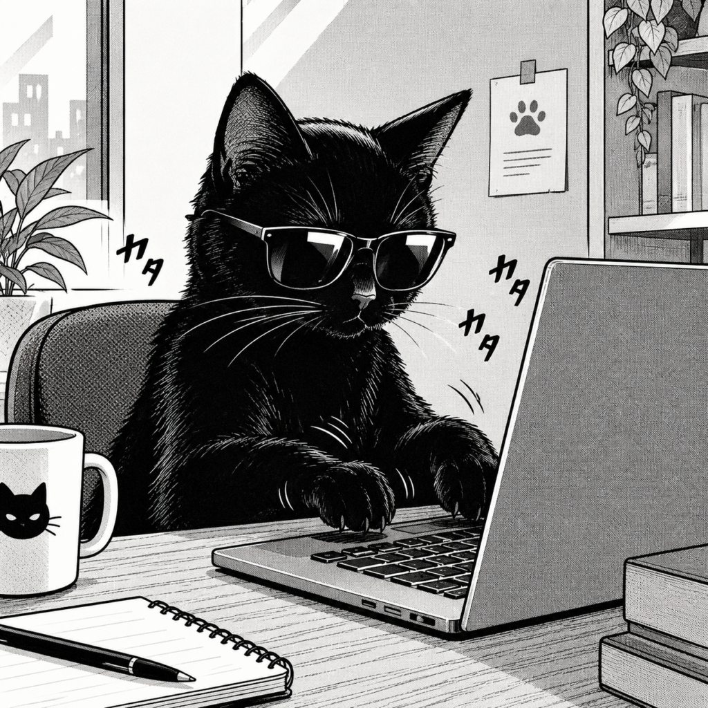 Black and white manga illustration of a cat with sunglasses, typing on a laptop.