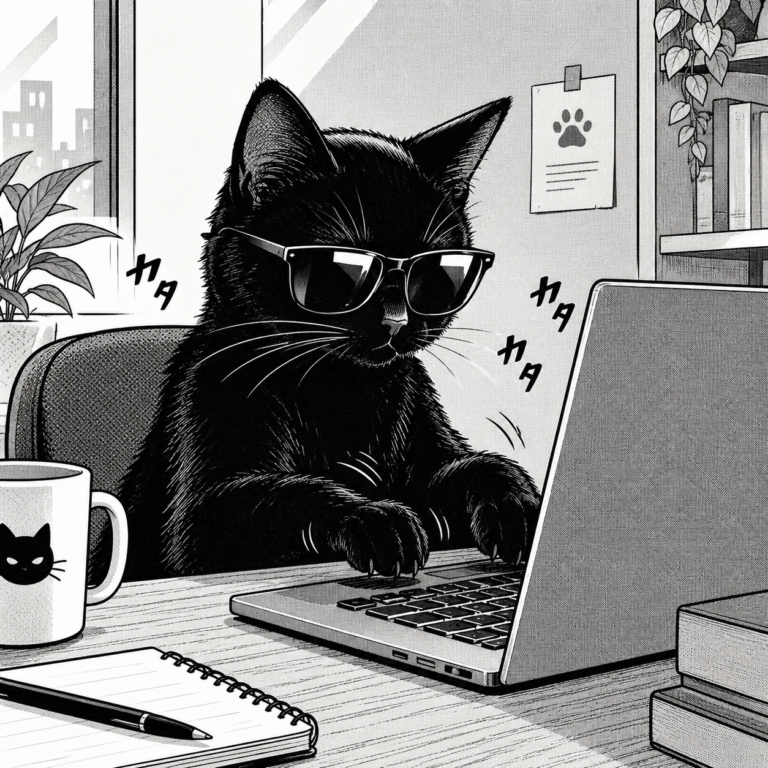 Black and white manga illustration of a cat with sunglasses, typing on a laptop.